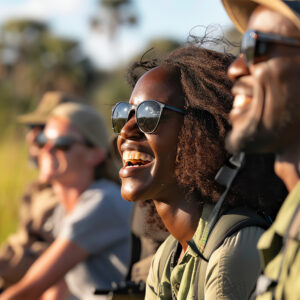 A group of people are on safari, laughing and enjoying the view. A group of people are on safari, laughing and enjoying the view.